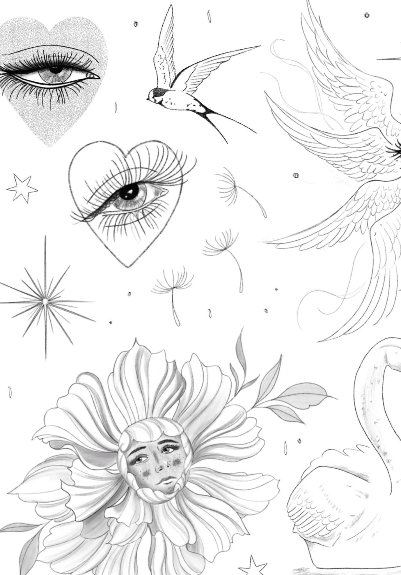 Black-and-white fine-line flash with eyes inside hearts, a many-winged seraph, a flower-faced woman, a swallow, a swan, and stars