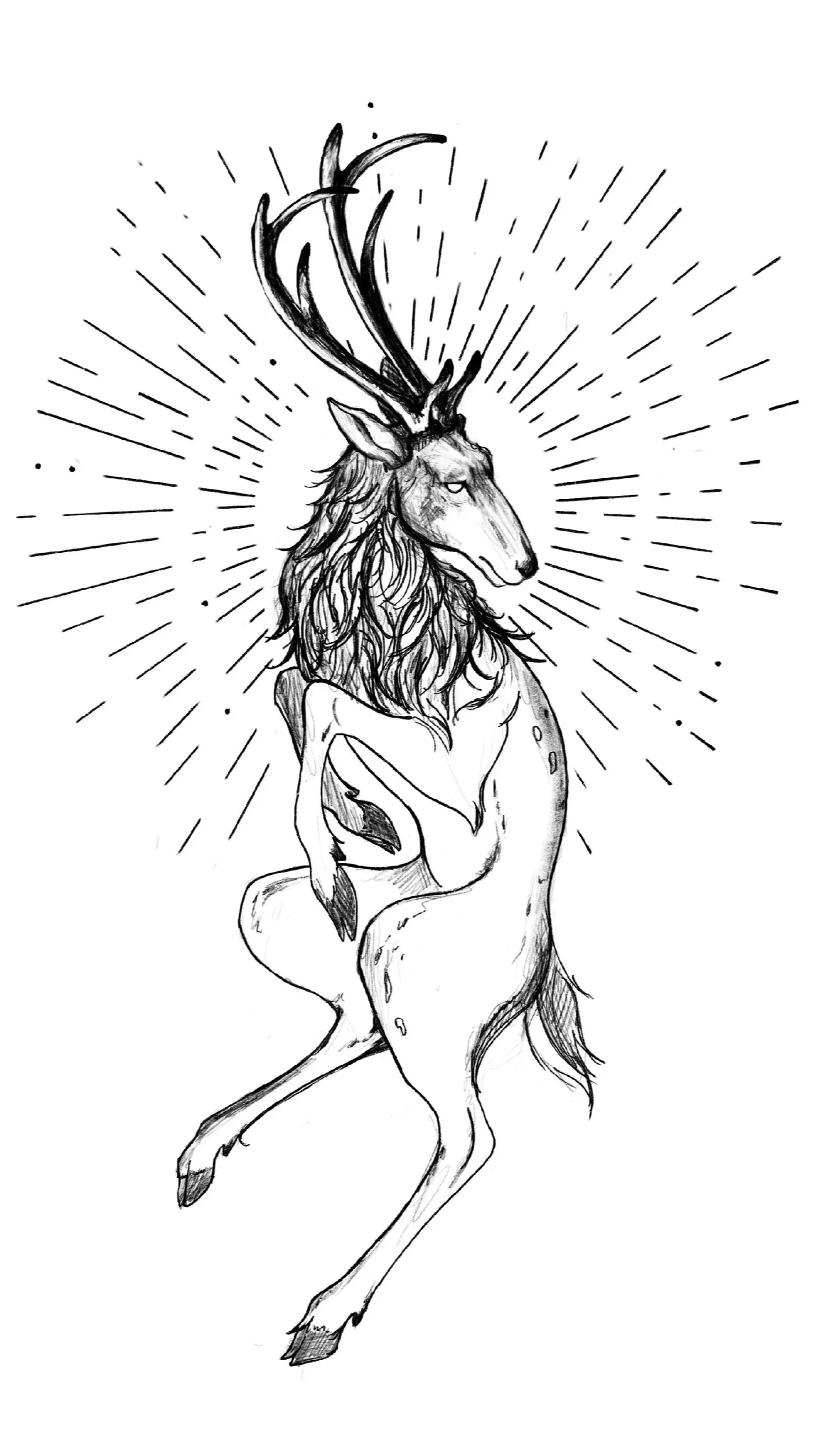 Fine-line stencil of an antlered mythical stag leaping, ringed by radiating lines
