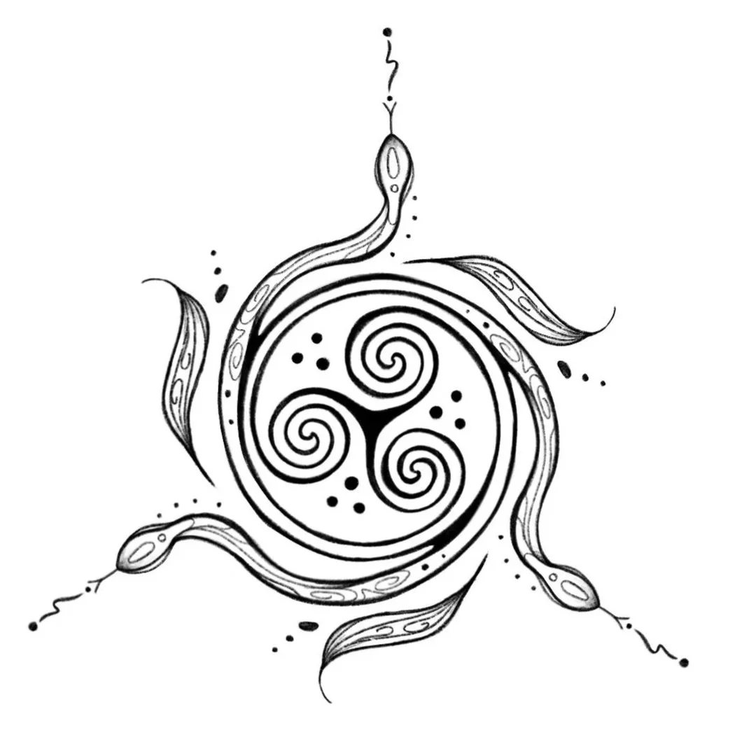 Fine-line circular stencil of a triple spiral surrounded by three outward snakes