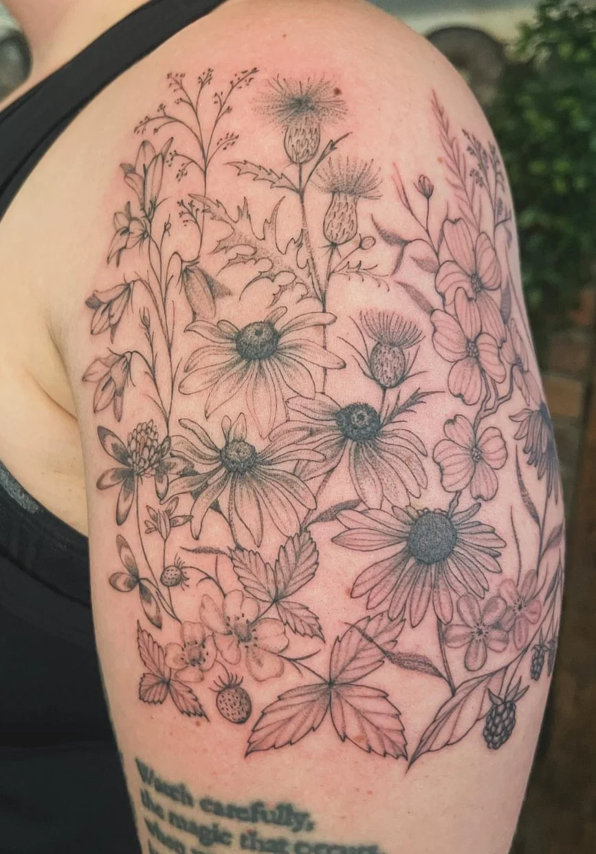 Wildflowers and berries, fine-line